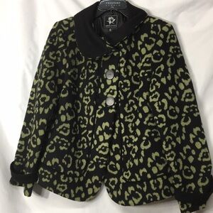 Abbie Mags Women’s Black and Green Cheetah Print Coat Size S Like-NEW